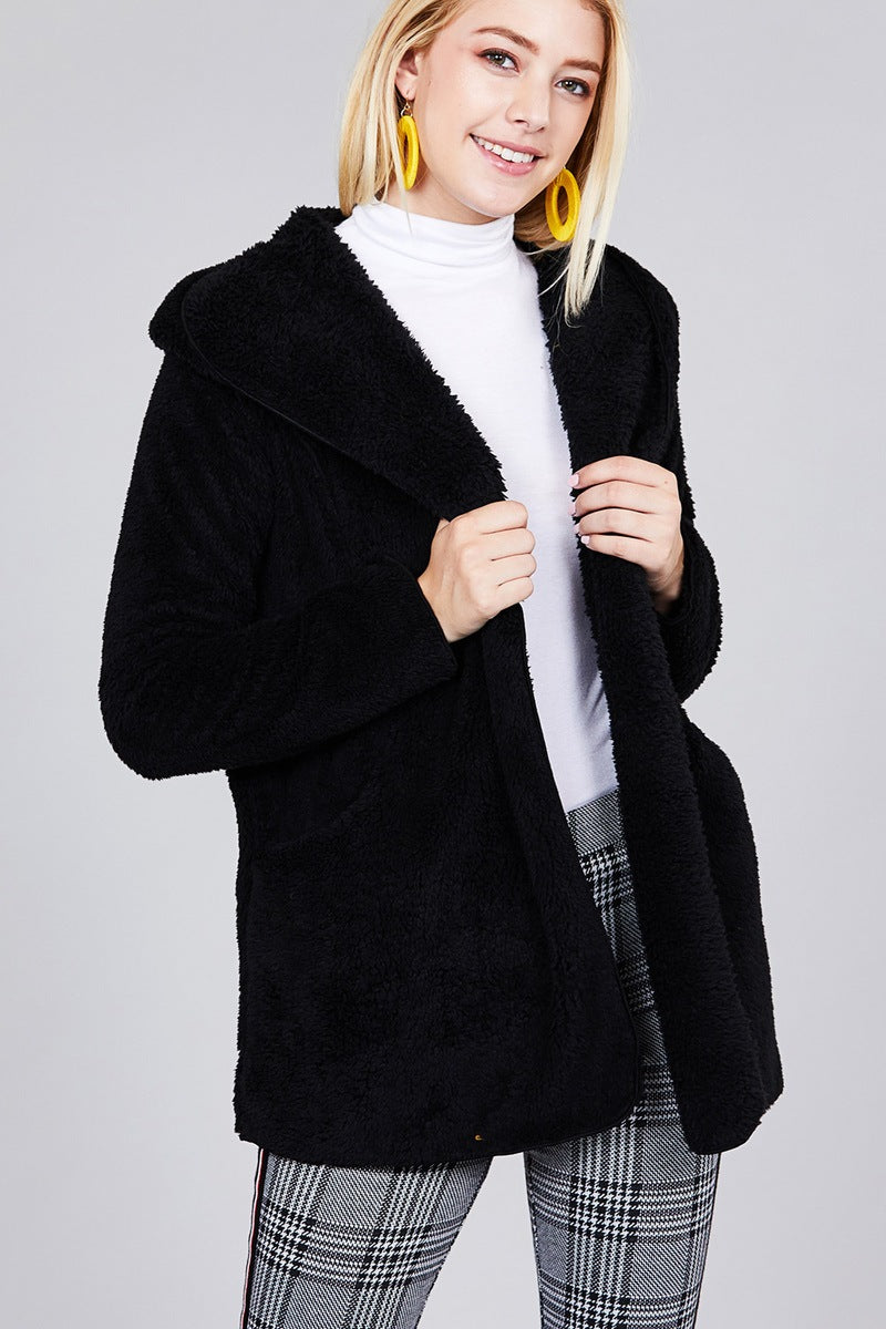Ladies fashion long sleeve open front w/hoodie faux fur fluffy jacket