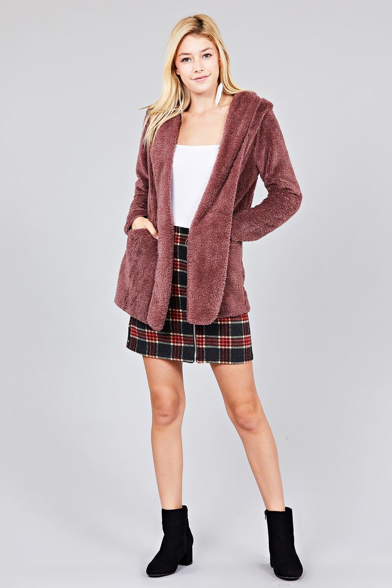 Ladies fashion long sleeve open front w/hoodie faux fur fluffy jacket