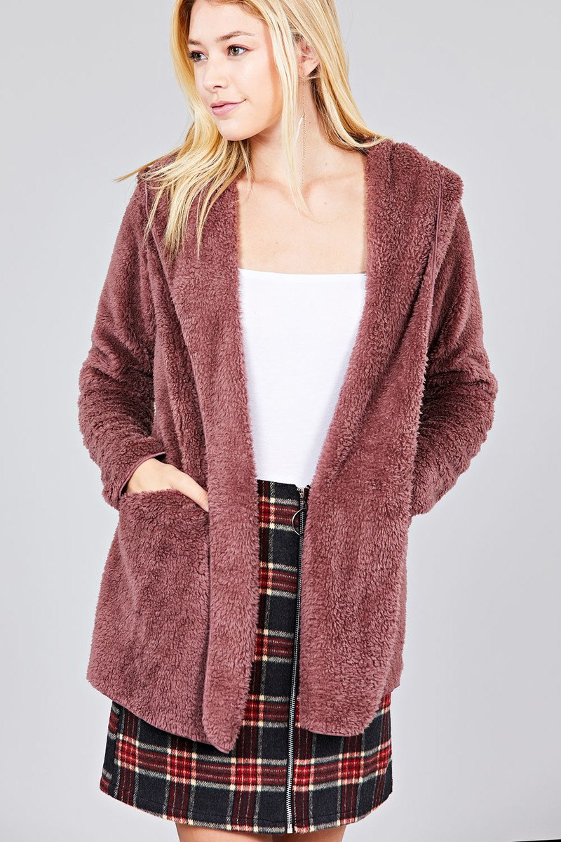 Ladies fashion long sleeve open front w/hoodie faux fur fluffy jacket