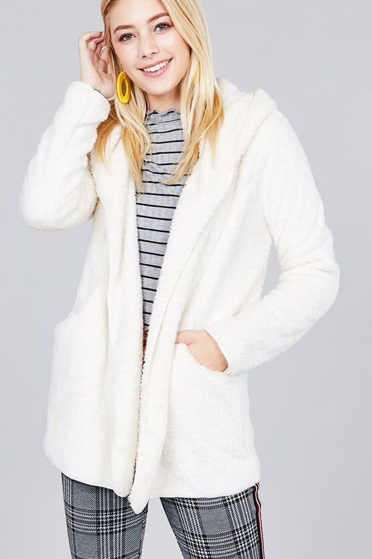 Ladies fashion long sleeve open front w/hoodie faux fur fluffy jacket