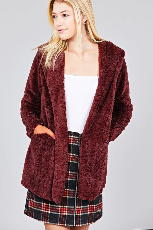 Ladies fashion long sleeve open front w/hoodie faux fur fluffy jacket