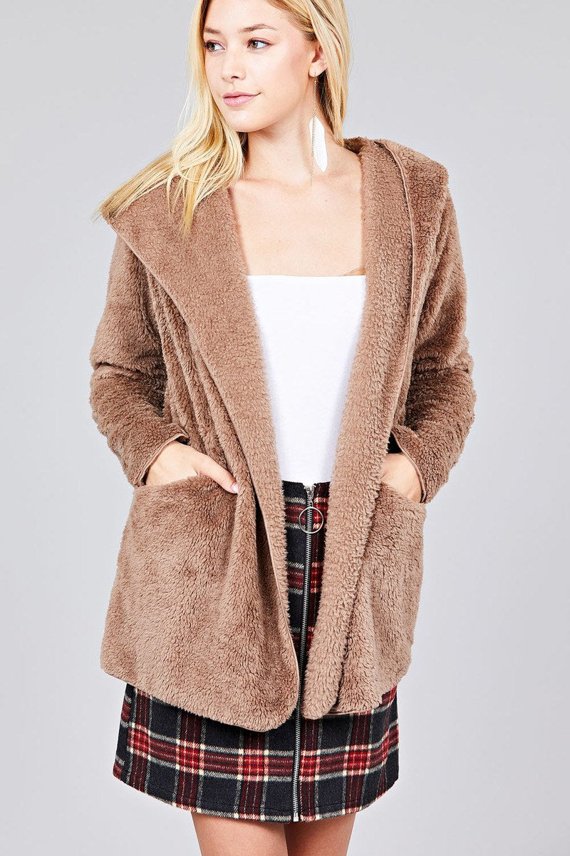 Ladies fashion long sleeve open front w/hoodie faux fur fluffy jacket