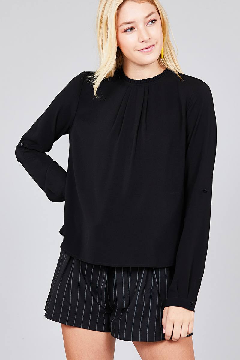 Ladies fashion 3/4 roll up sleeve crew neck w/ruffle woven top