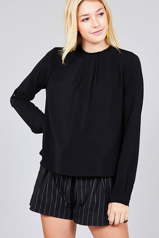 Ladies fashion 3/4 roll up sleeve crew neck w/ruffle woven top