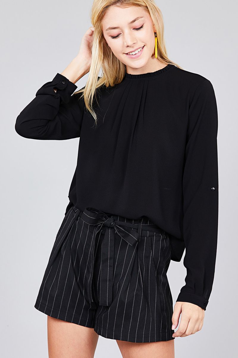 Ladies fashion 3/4 roll up sleeve crew neck w/ruffle woven top