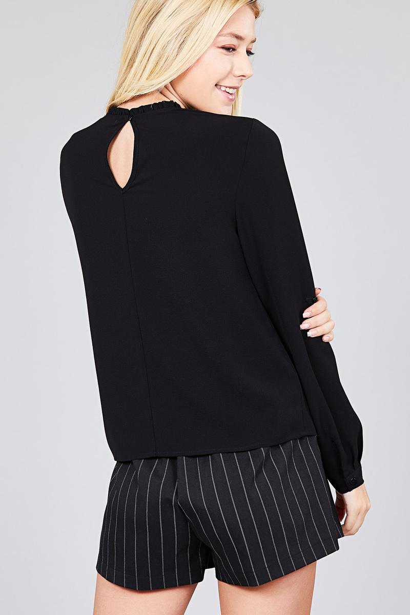 Ladies fashion 3/4 roll up sleeve crew neck w/ruffle woven top