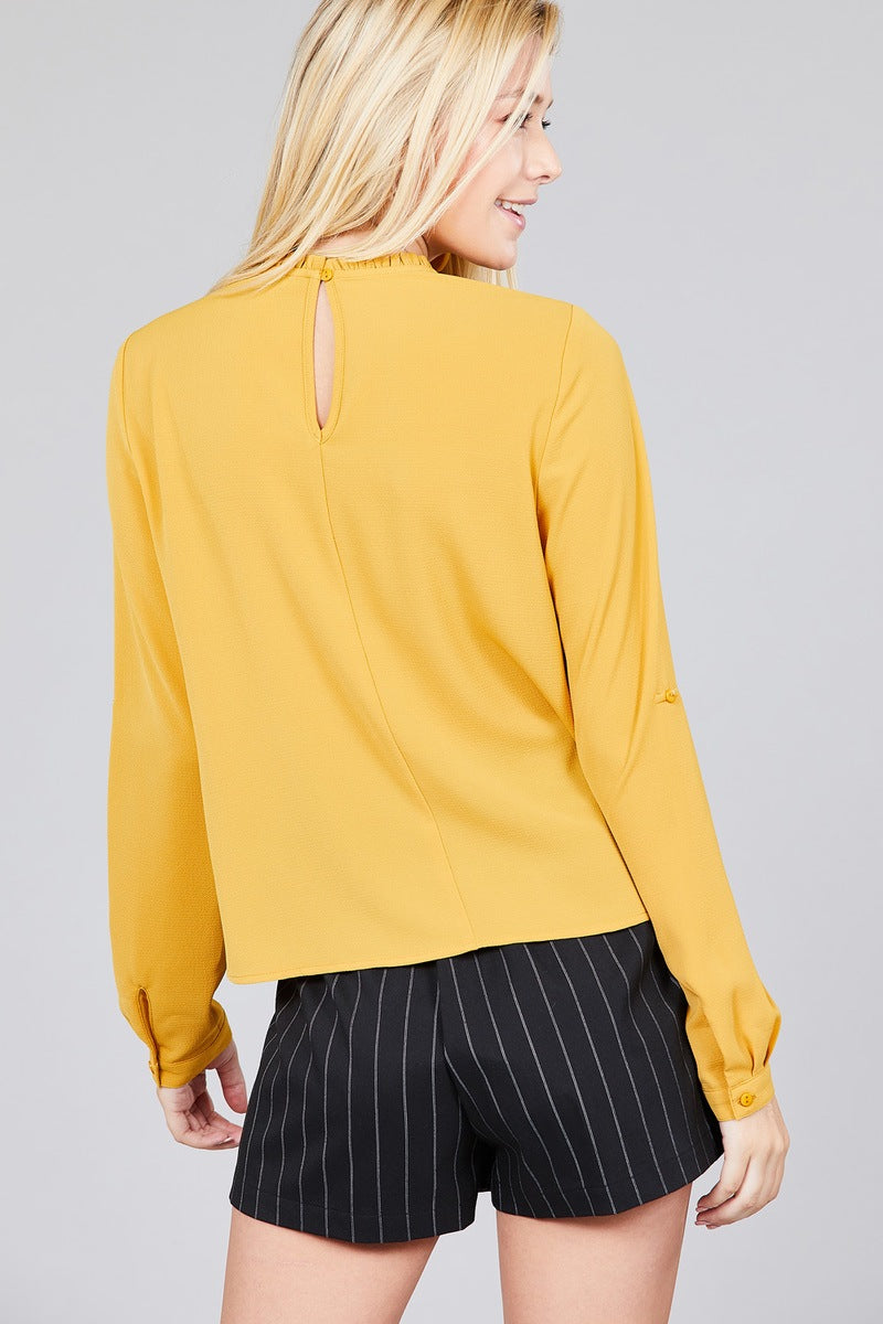 Ladies fashion 3/4 roll up sleeve crew neck w/ruffle woven top