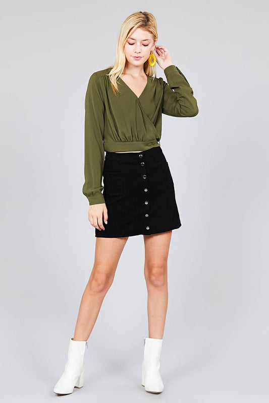 Ladies fashion long sleeve surplice wrap side bow tie closure woven top
