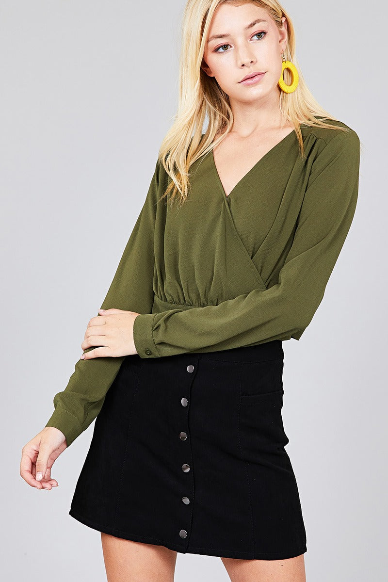 Ladies fashion long sleeve surplice wrap side bow tie closure woven top