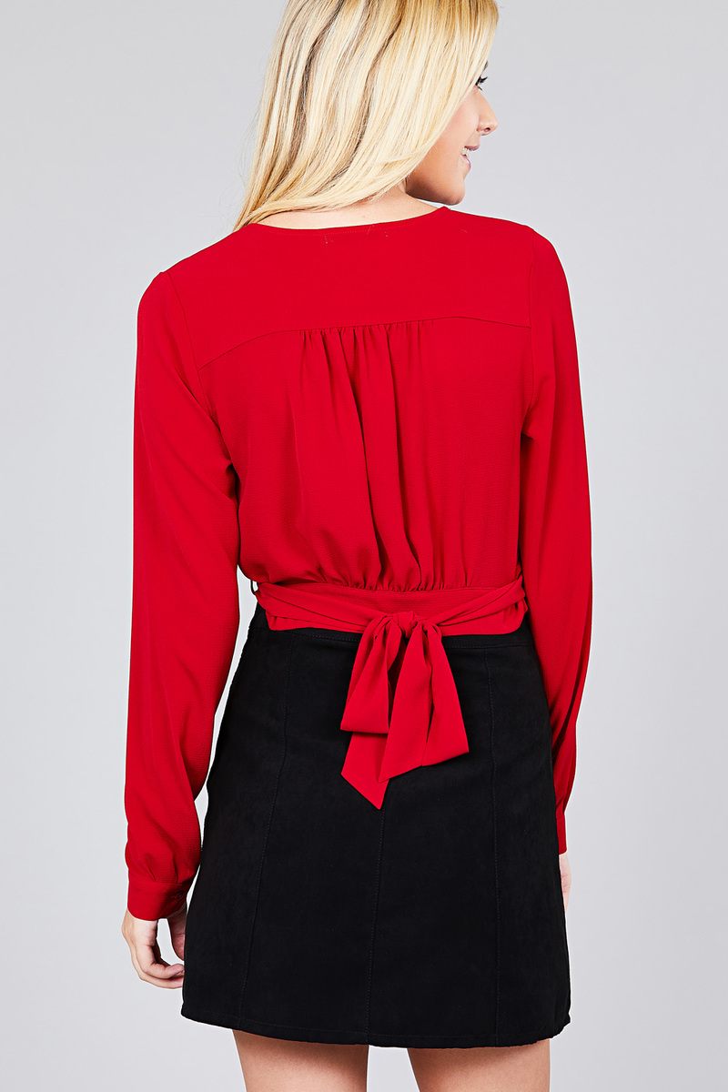 Ladies fashion long sleeve surplice wrap side bow tie closure woven top