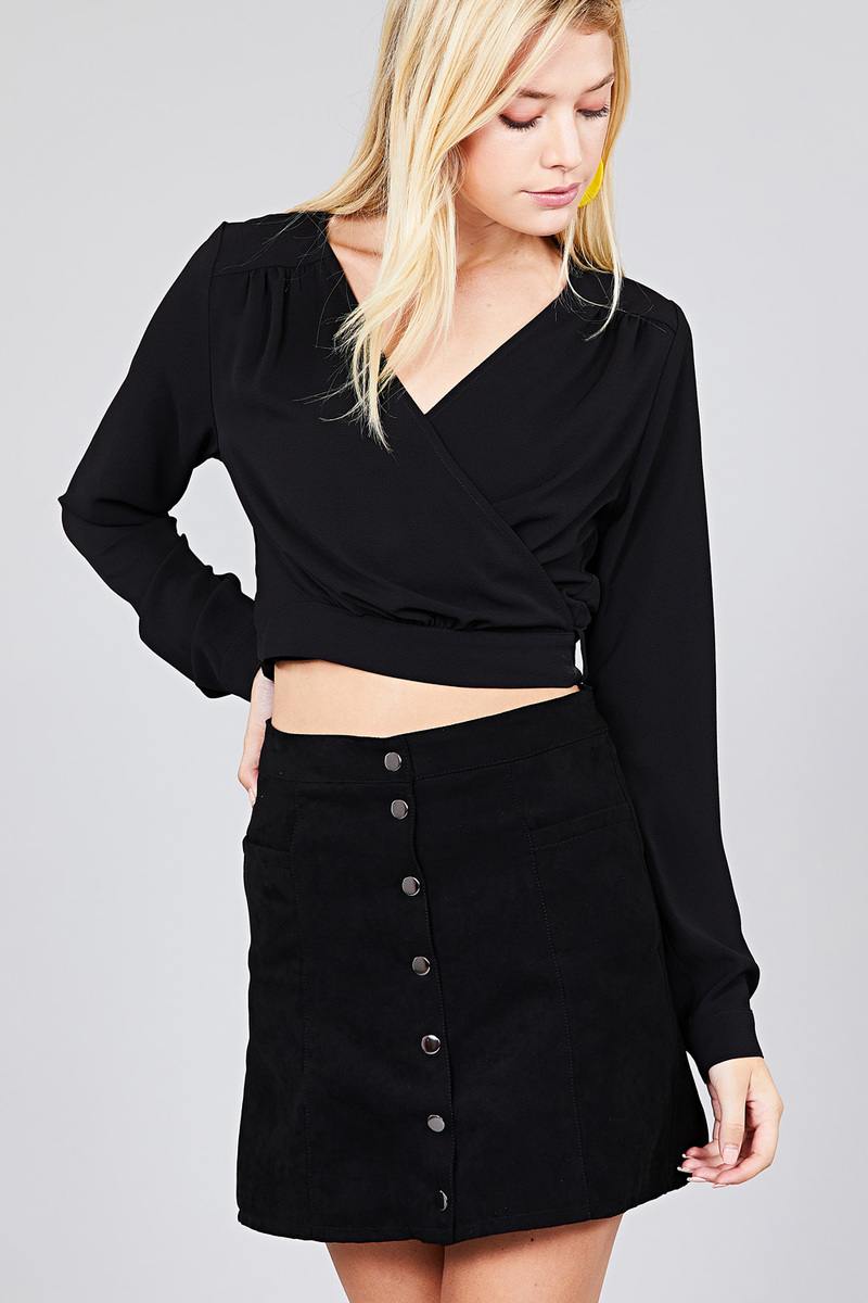 Ladies fashion long sleeve surplice wrap side bow tie closure woven top