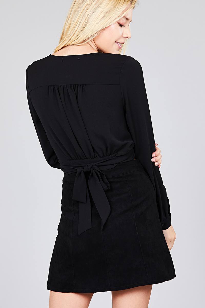 Ladies fashion long sleeve surplice wrap side bow tie closure woven top