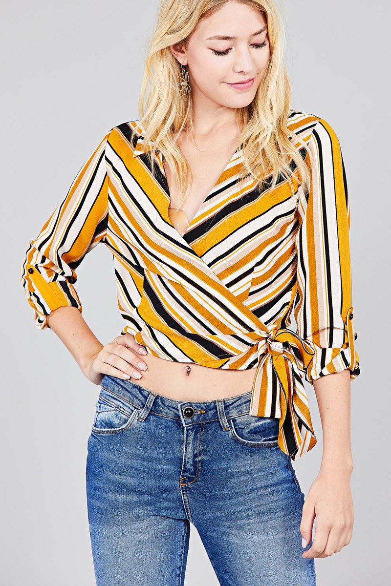 Ladies fashion 3/4 roll up sleeve surplice wrap w/side bow tie multi striped woven top