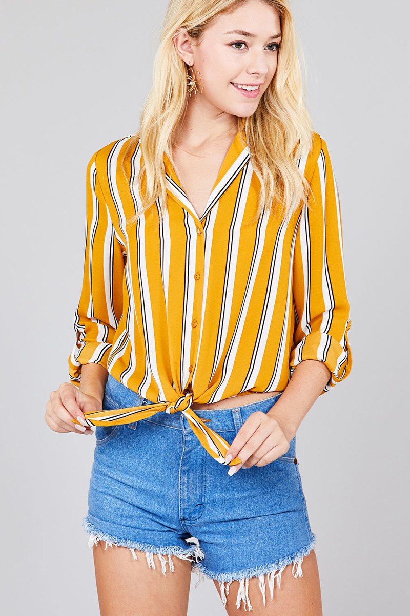 Ladies fashion 3/r roll up sleeve notched collar front tie multi striped woven top