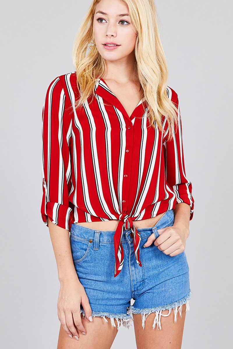 Ladies fashion 3/r roll up sleeve notched collar front tie multi striped woven top