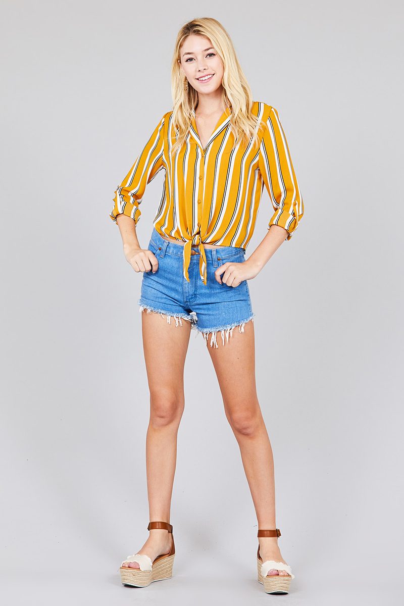 Ladies fashion 3/r roll up sleeve notched collar front tie multi striped woven top