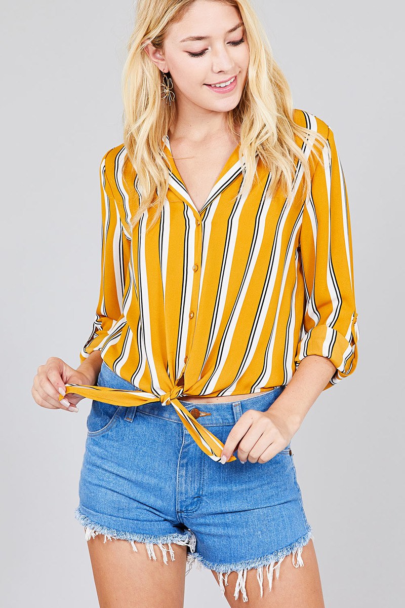 Ladies fashion 3/r roll up sleeve notched collar front tie multi striped woven top