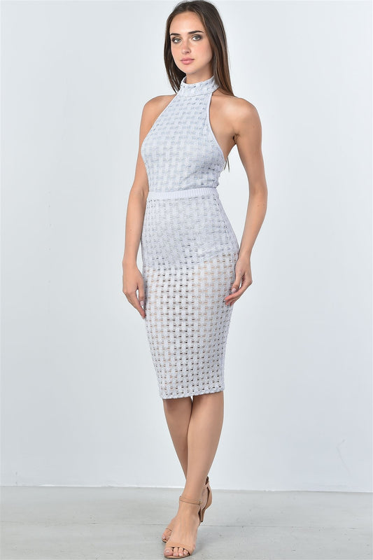 Ladies fashion mesh hole bodysuit and midi skirt two piece set