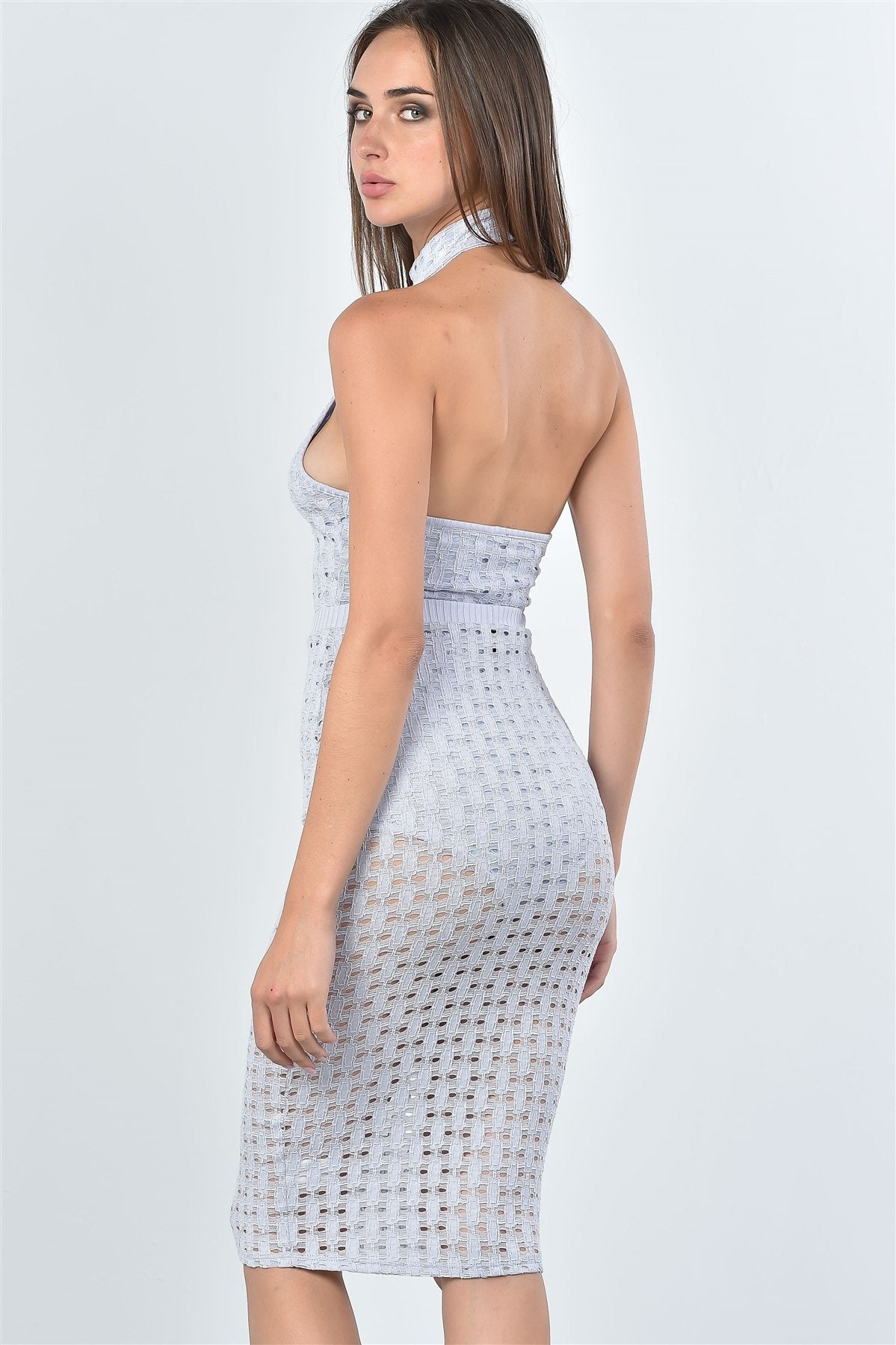 Ladies fashion mesh hole bodysuit and midi skirt two piece set