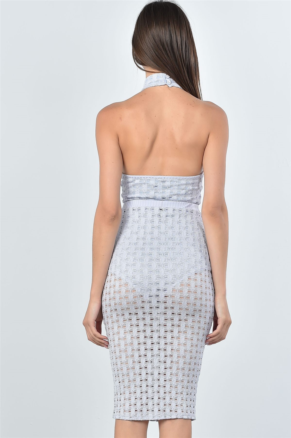 Ladies fashion mesh hole bodysuit and midi skirt two piece set