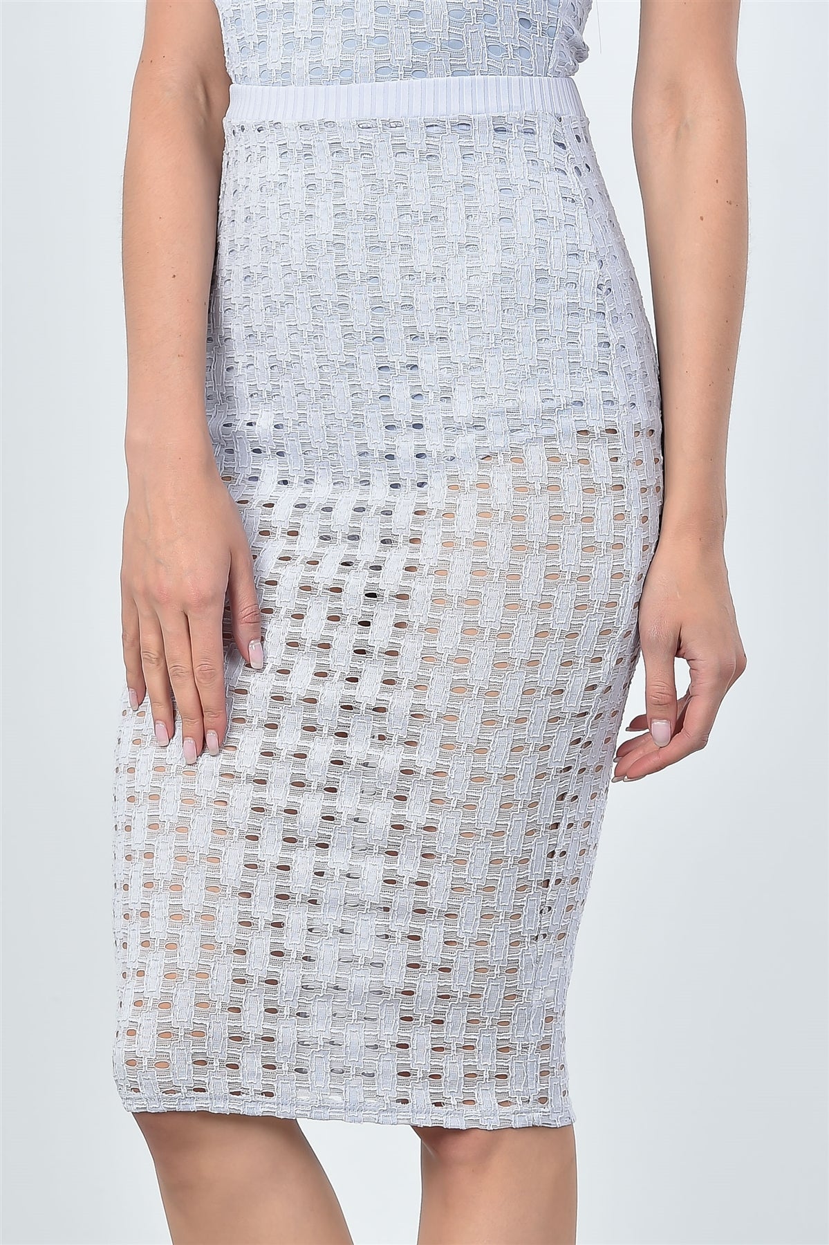 Ladies fashion mesh hole bodysuit and midi skirt two piece set