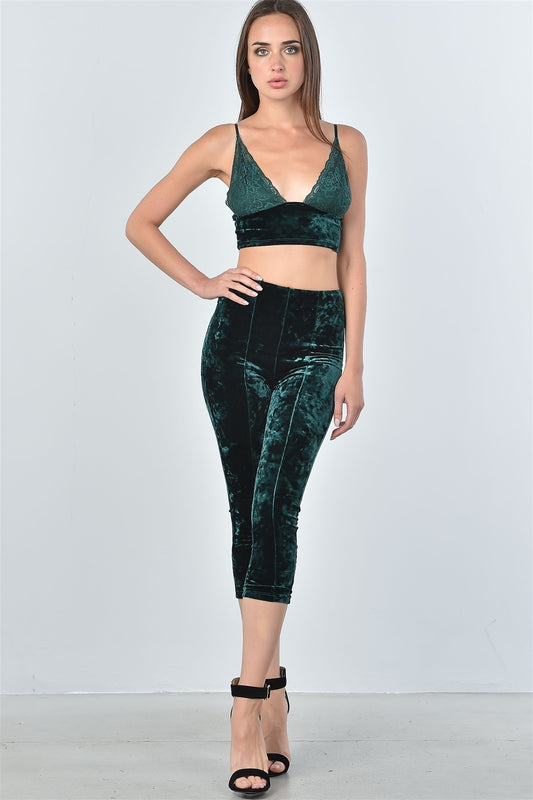 Ladies fashion velvet lace crop top and calf-length pants two piece set