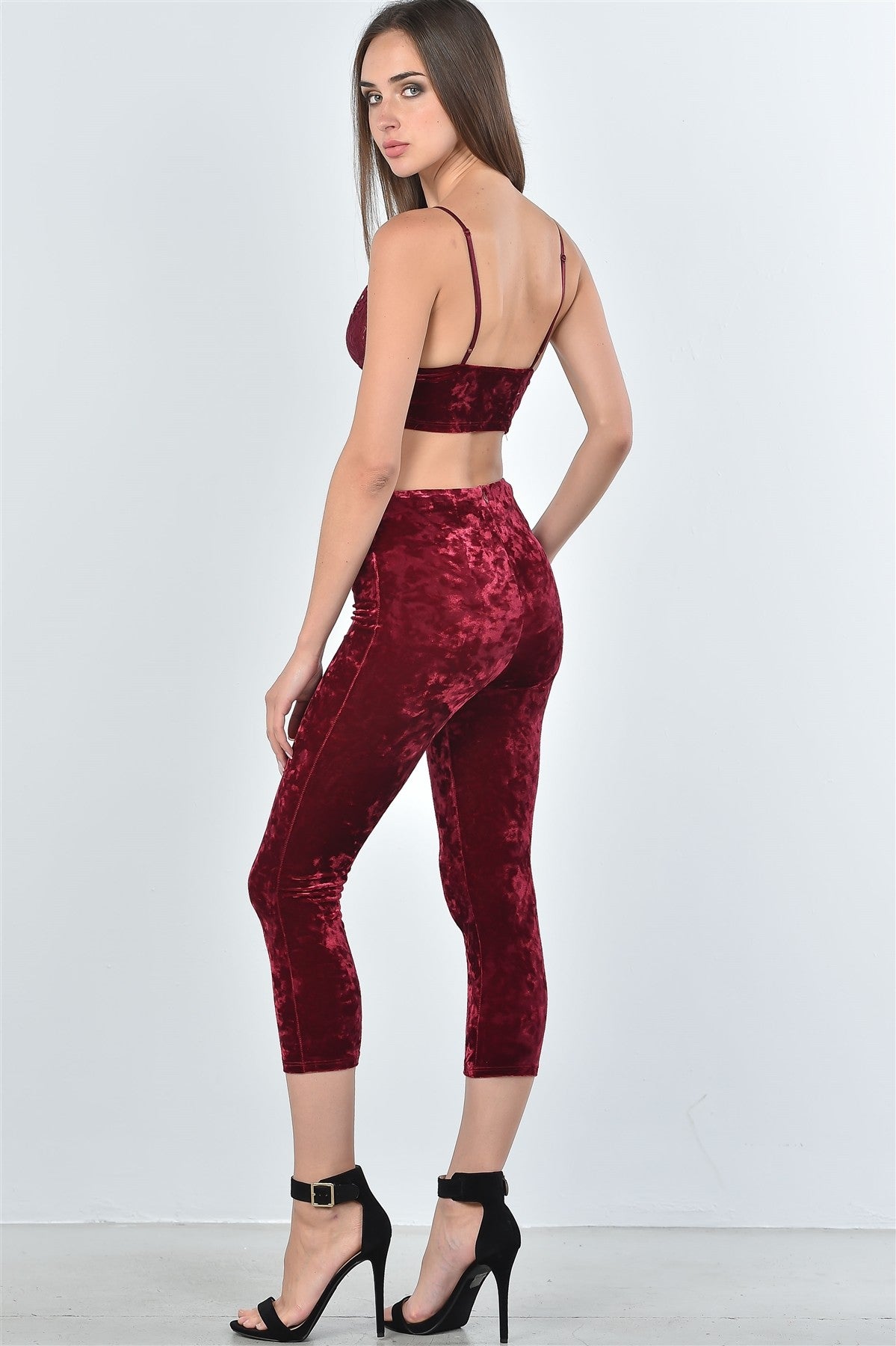 Ladies fashion velvet lace crop top and calf-length pants two piece set