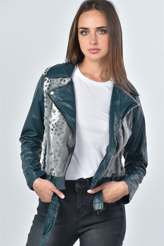 Ladies fashion teal faux fur-trim moto jacket