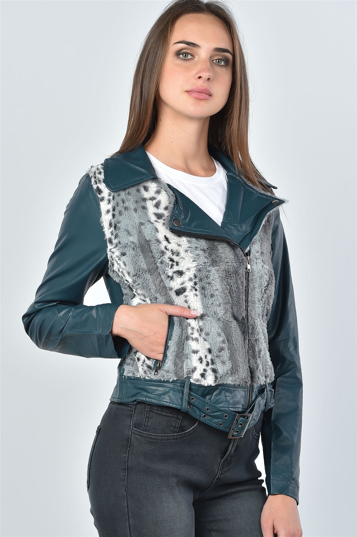 Ladies fashion teal faux fur-trim moto jacket