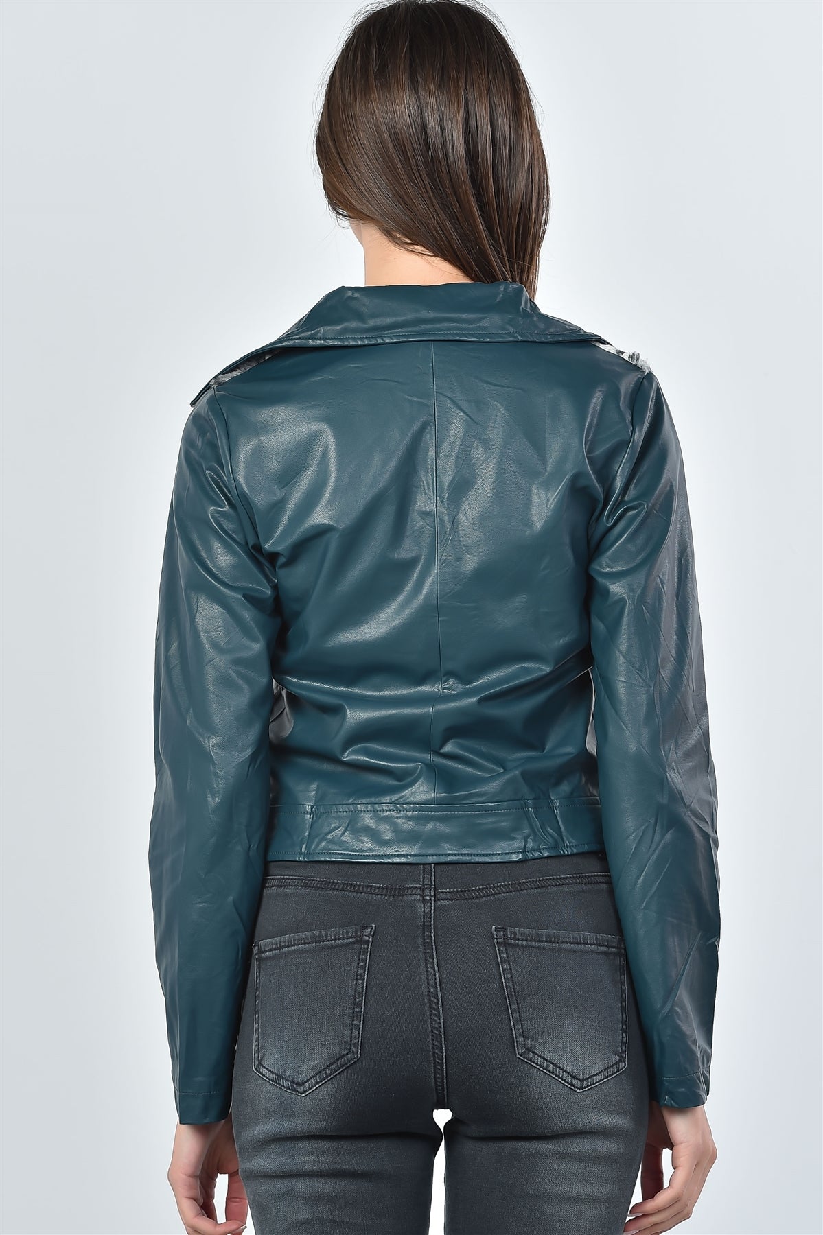 Ladies fashion teal faux fur-trim moto jacket