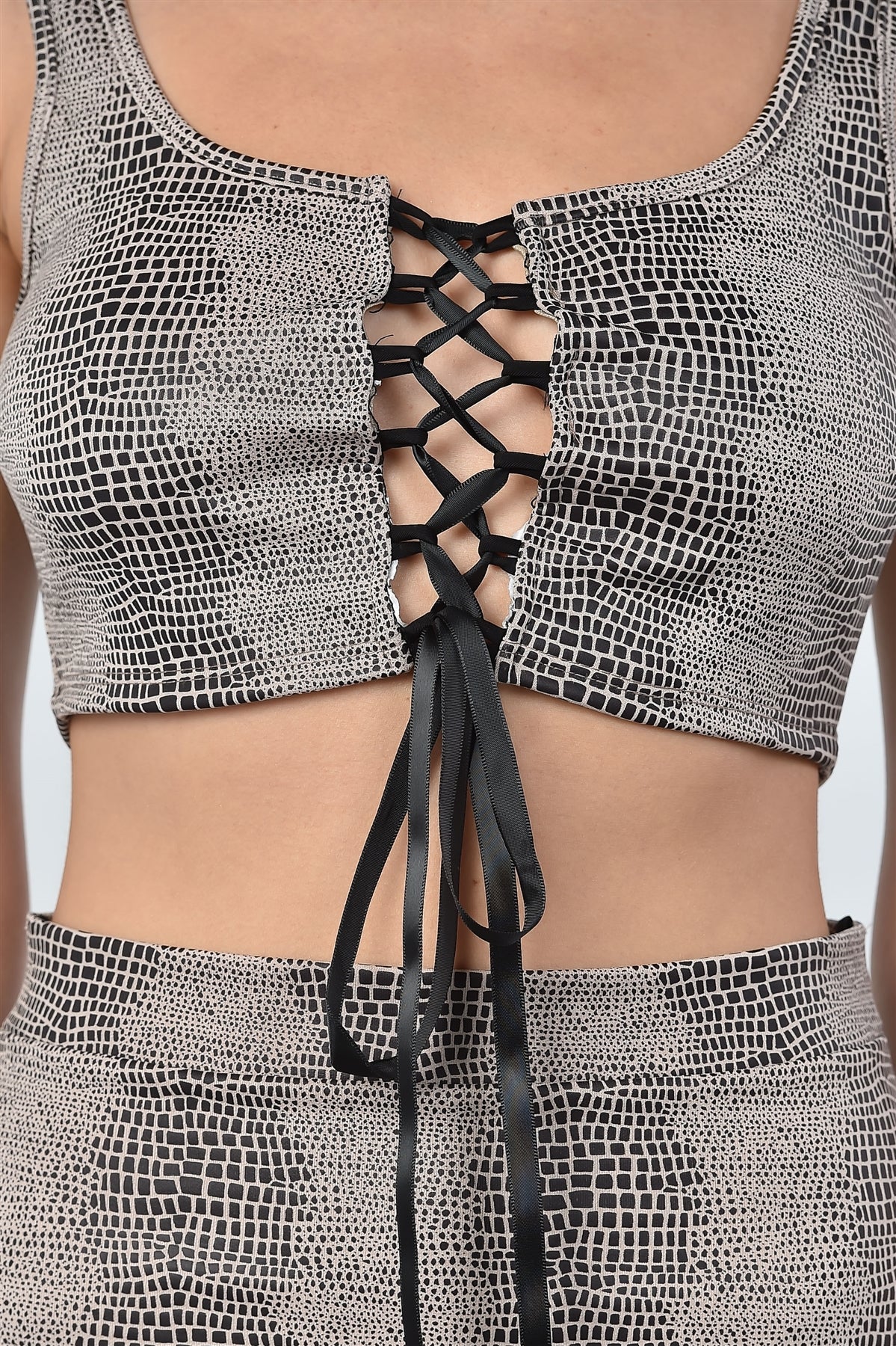 Ladies fashion taupe snake print lace up crop top and mini skirt two piece set