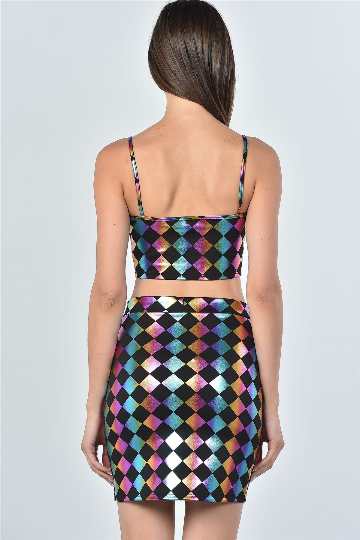 Ladies fashion dark multi color geo print top and skirt two piece set