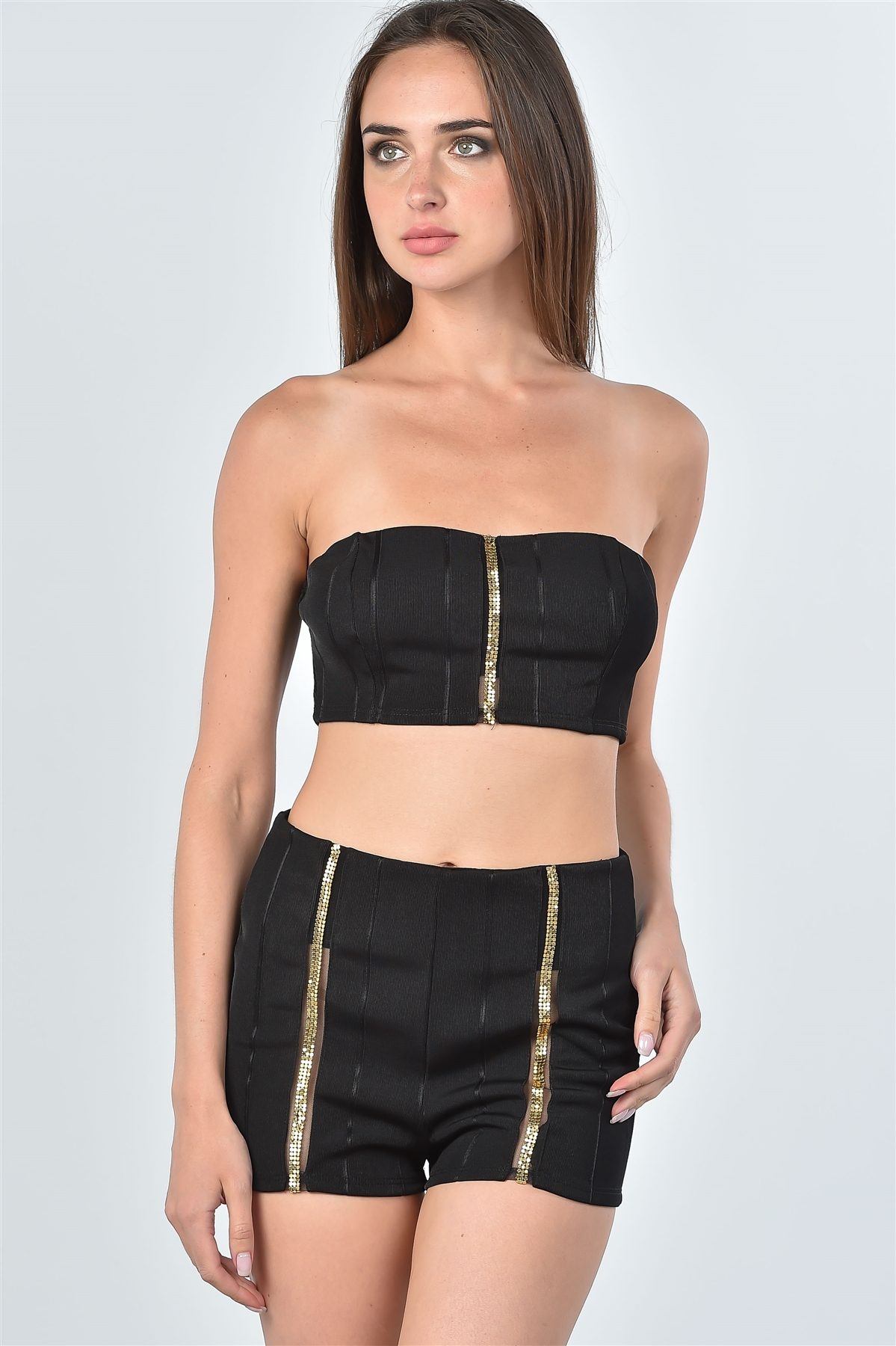 Ladies fashion trim crop top and shorts two piece set