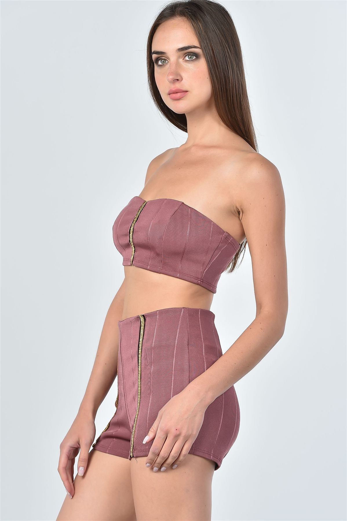 Ladies fashion trim crop top and shorts two piece set