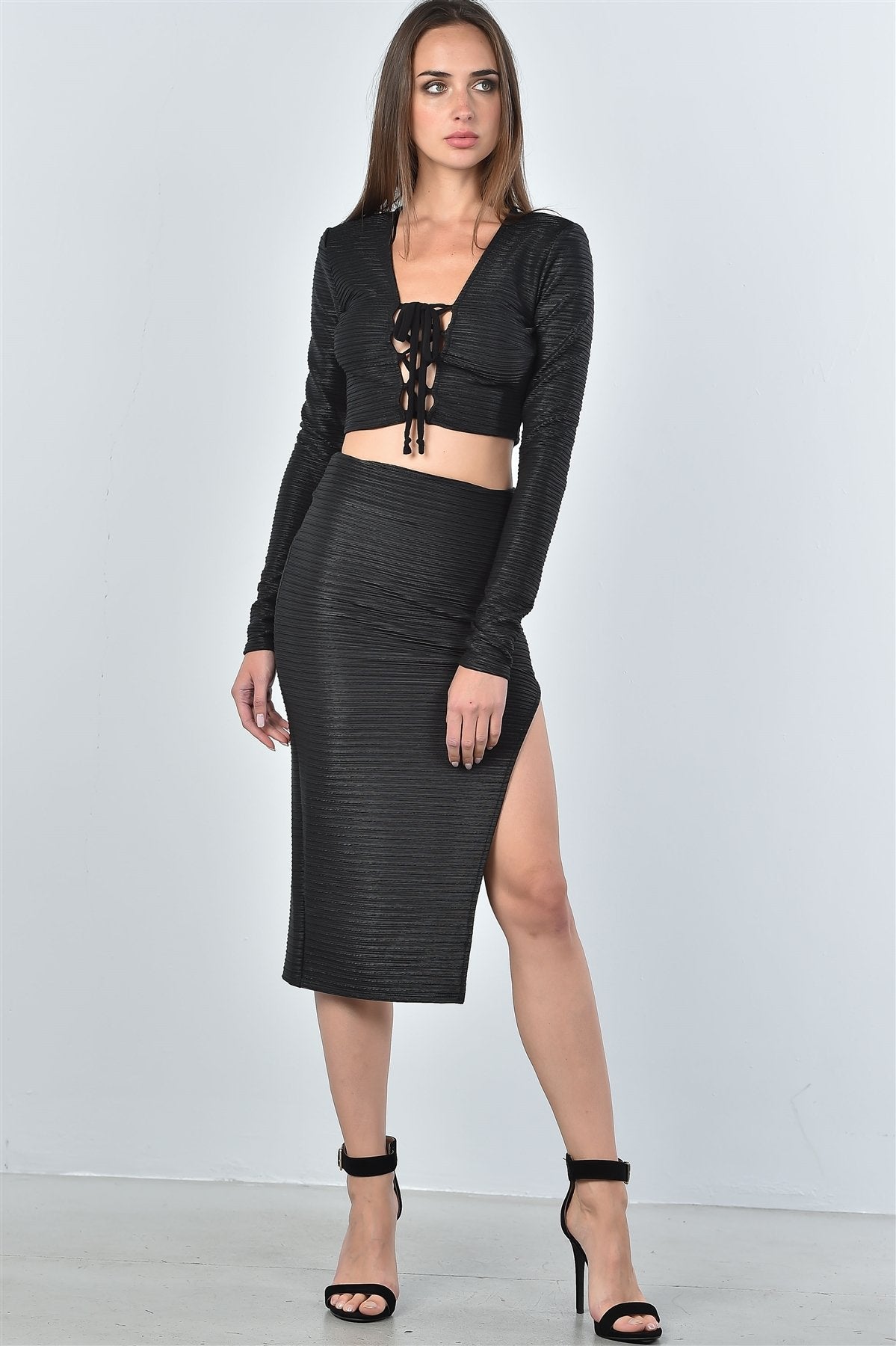 Ladies fashion black textured lace up top and high split midi skirt two piece set