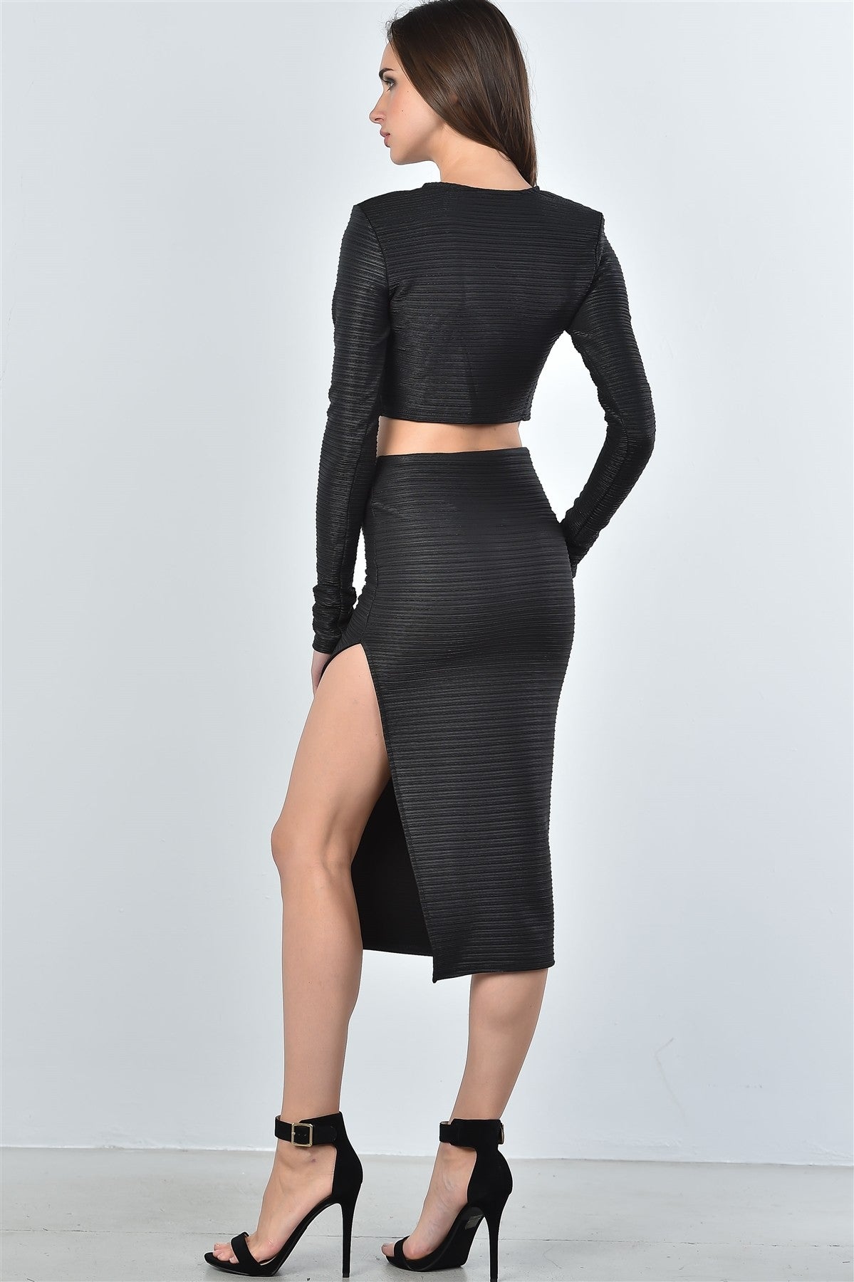 Ladies fashion black textured lace up top and high split midi skirt two piece set