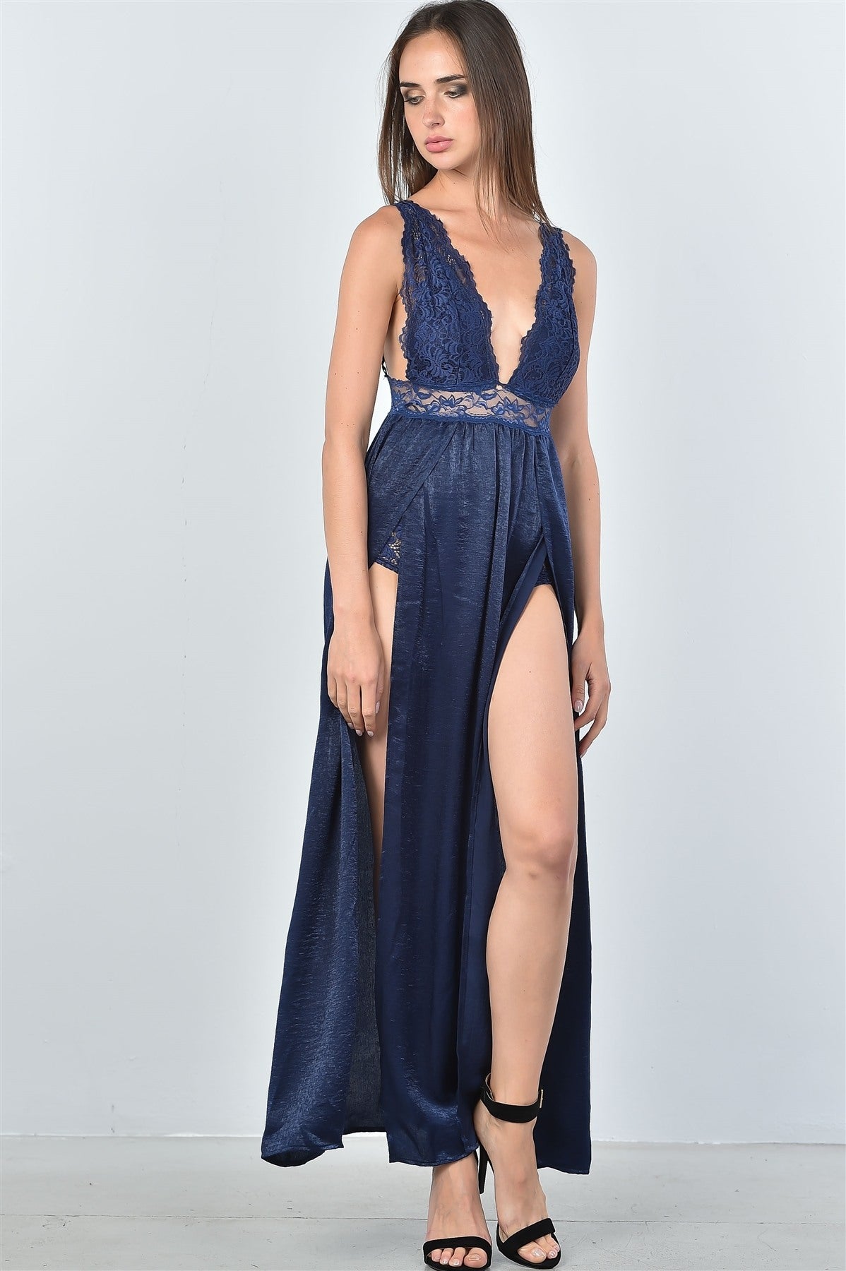 Ladies fashion boho lace double split maxi dress