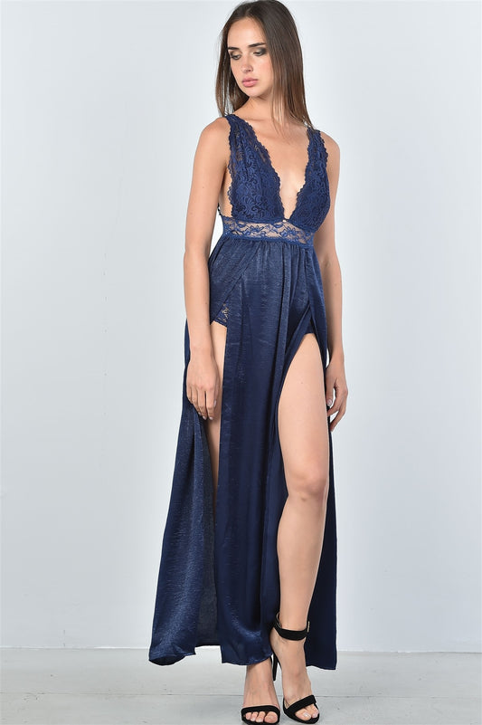 Ladies fashion boho lace double split maxi dress