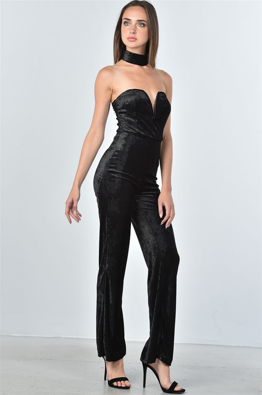 Ladies fashion black velvet plunging neck choker velvet jumpsuit