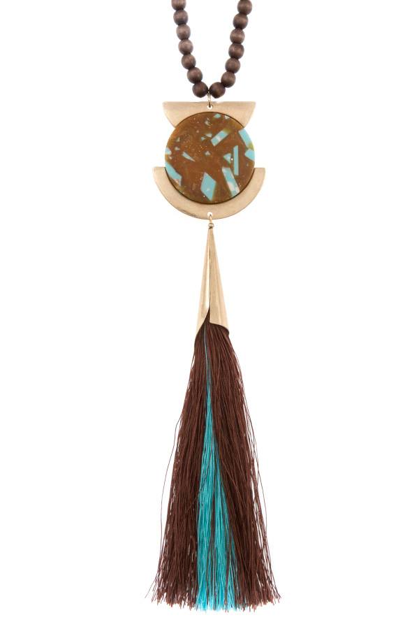 Round geo shape metal tassel link necklace set