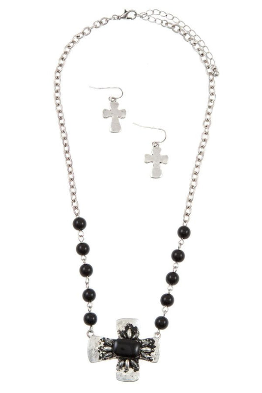 Beaded cross accent pendant necklace set