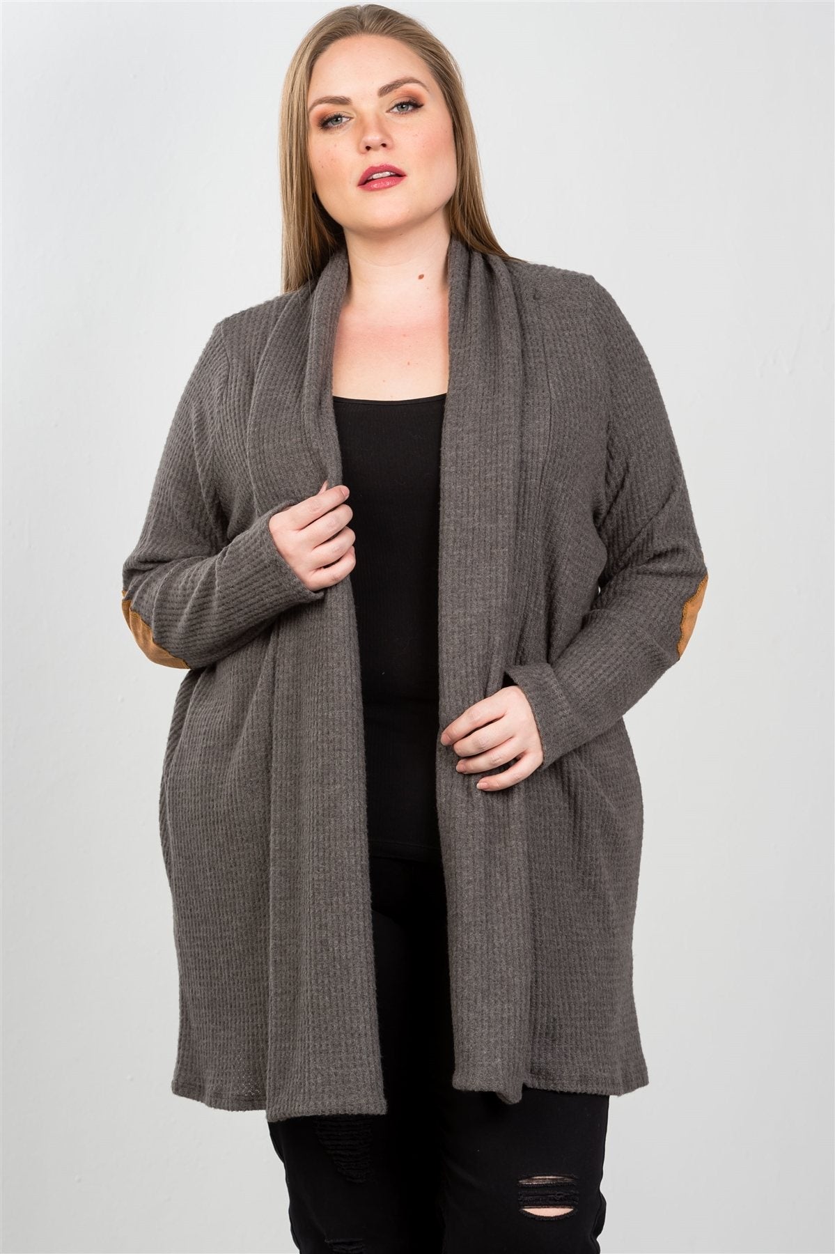 Ladies fashion plus charcoal elbow patch open cardigan
