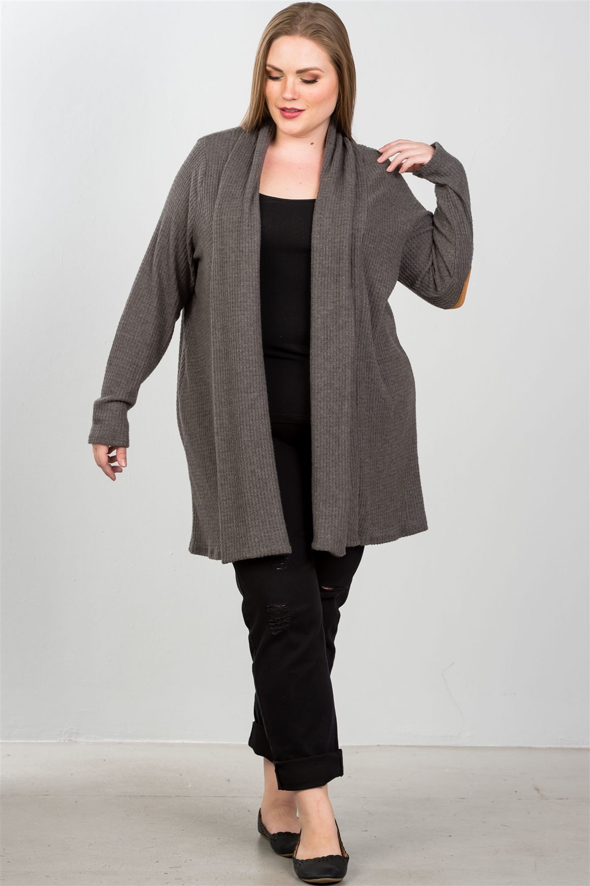 Ladies fashion plus charcoal elbow patch open cardigan