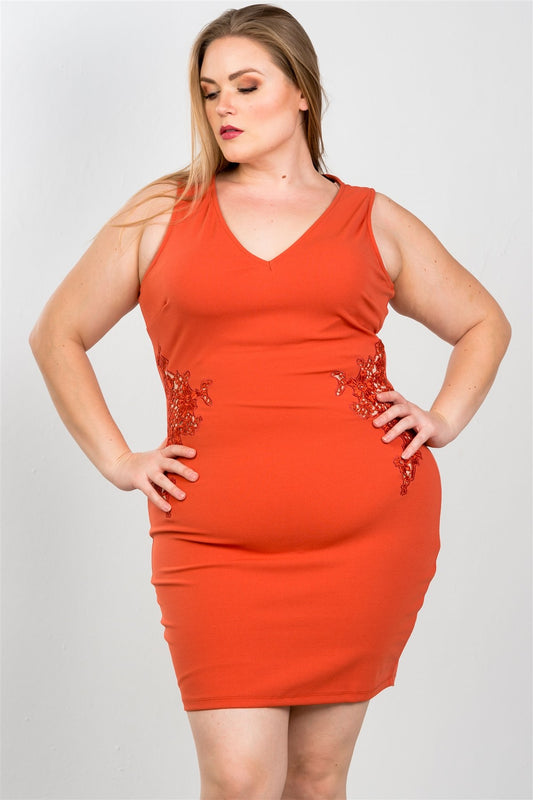 Ladies fashion plus size sexy ginger crochet side cut out mini dress