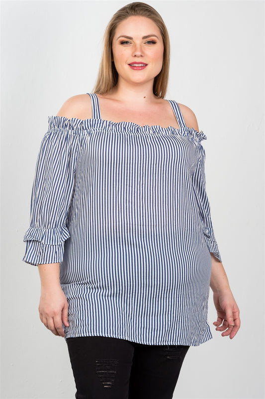 Ladies fashion plus size boho striped cold-shoulder top