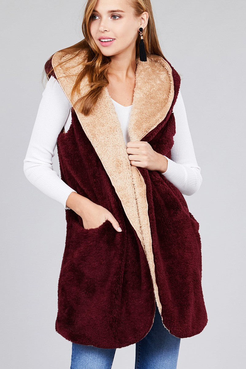 Ladies fashion plus size open front w/hoodie faux fur soft fluffy vest