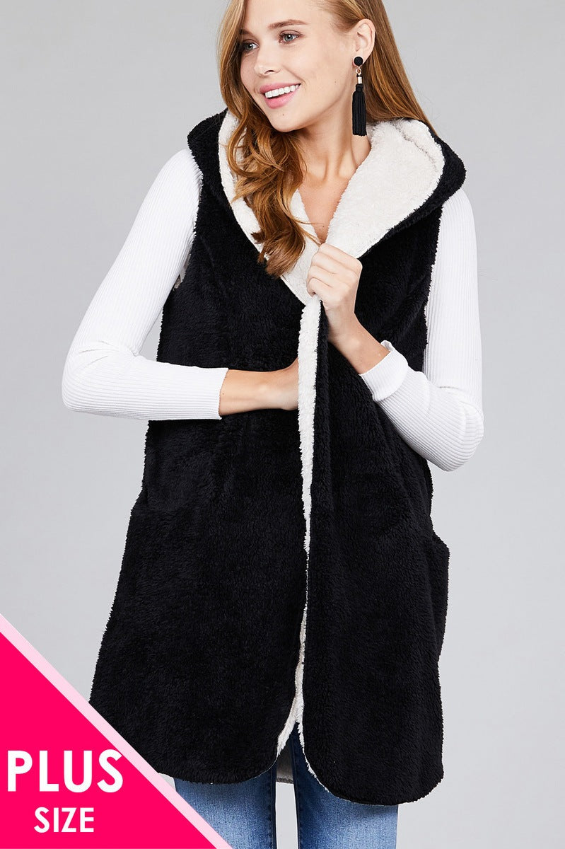 Ladies fashion plus size open front w/hoodie faux fur soft fluffy vest