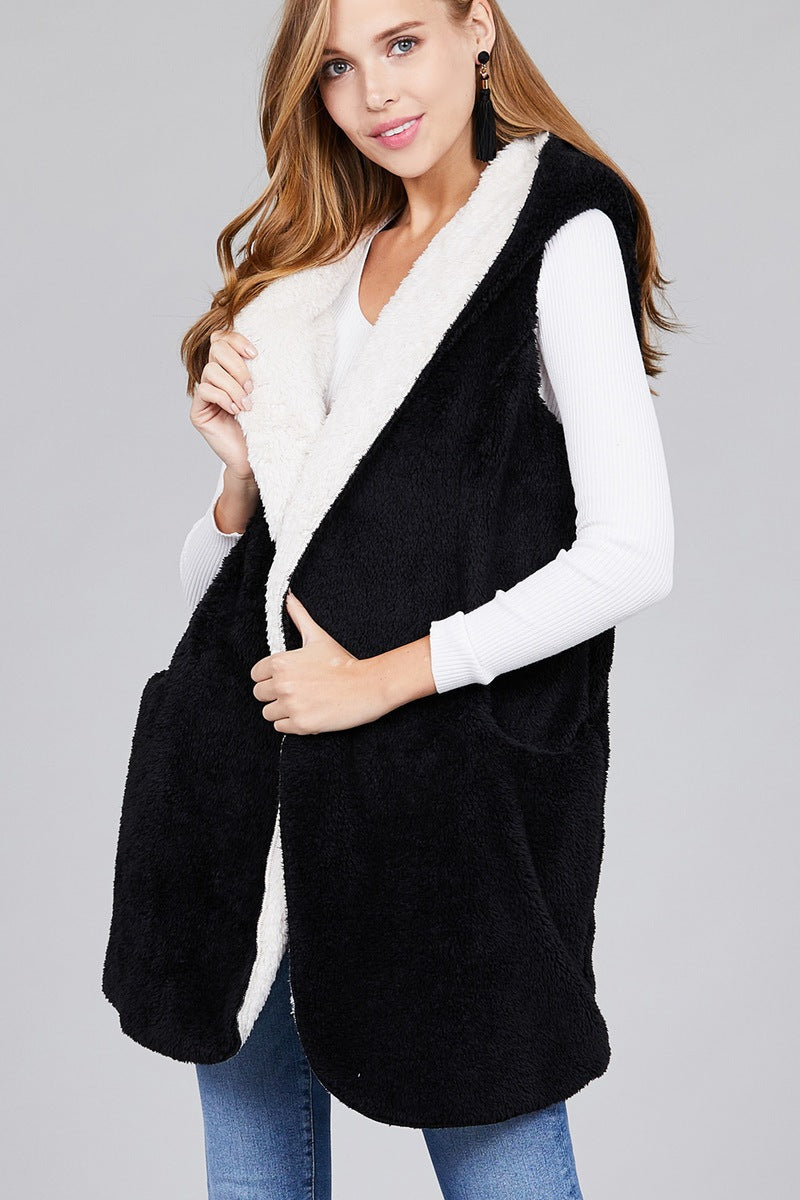 Ladies fashion plus size open front w/hoodie faux fur soft fluffy vest