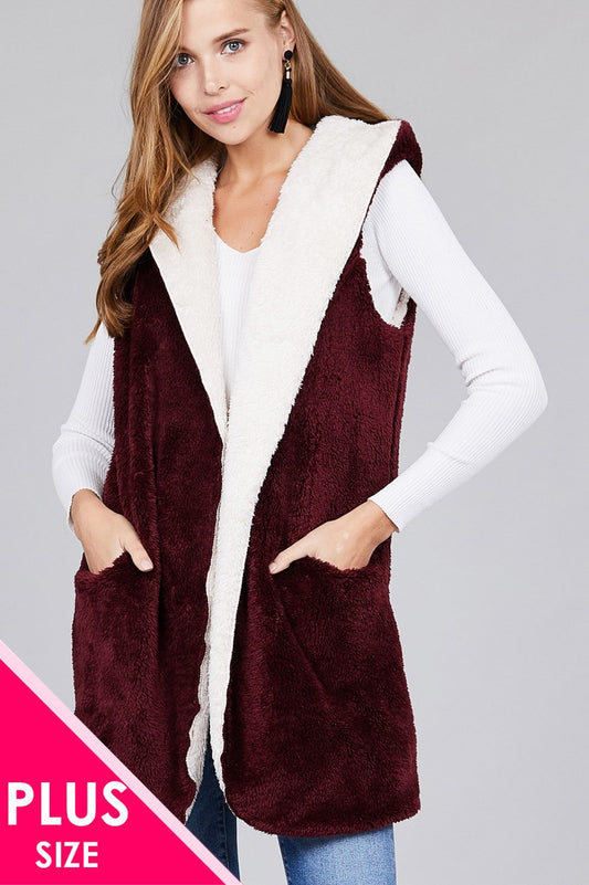 Ladies fashion plus size open front w/hoodie faux fur soft fluffy vest