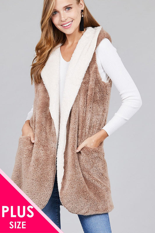 Ladies fashion plus size open front w/hoodie faux fur soft fluffy vest